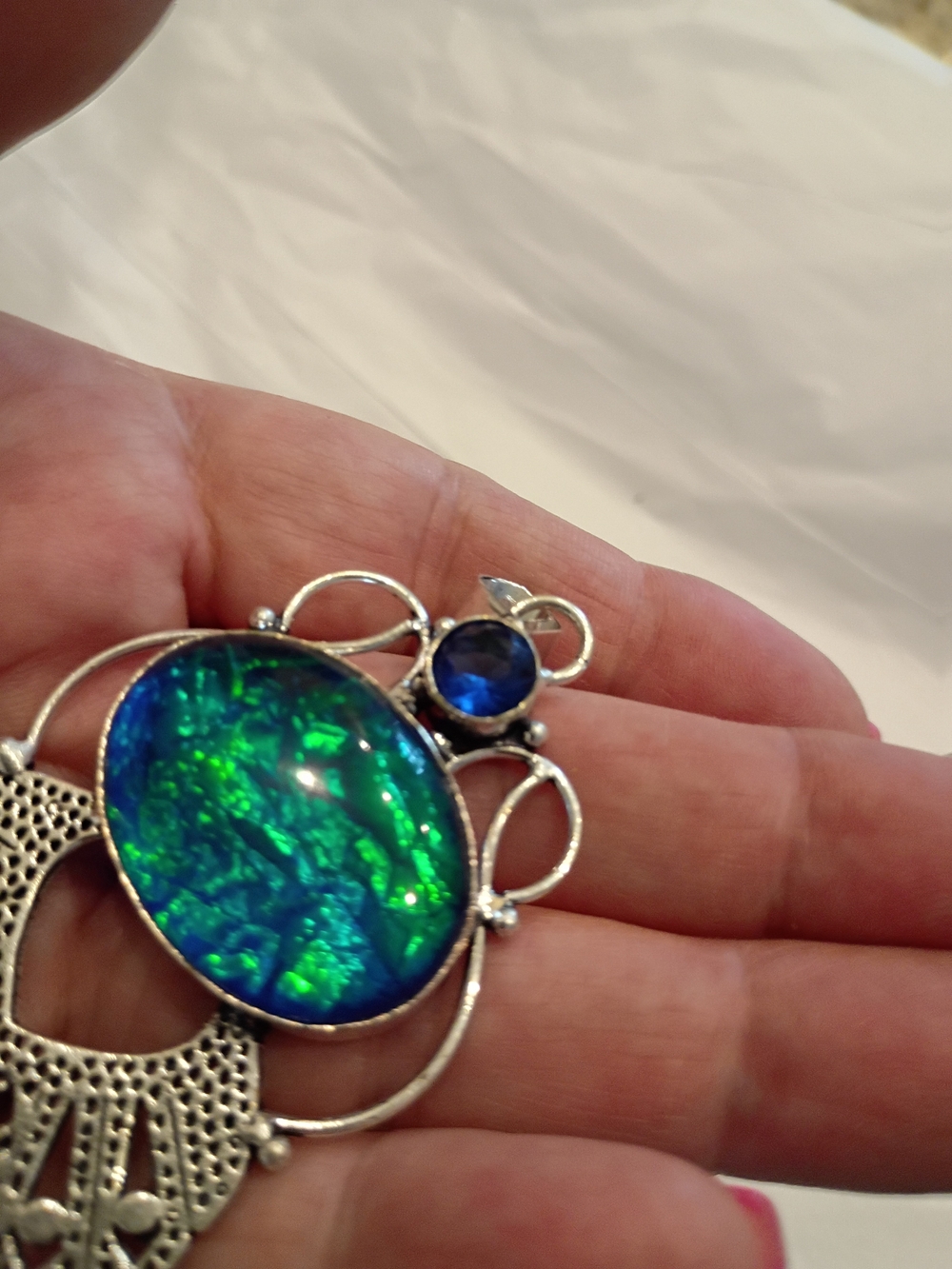 Silver Filigree Pendant with Blue-Green Opal Center And Blue Sapphire Stone - Picture 7 of 7
